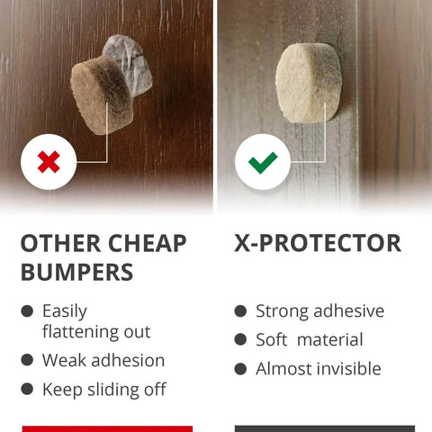 Comparison of X-Protector and other bumpers on wood surface highlighting adhesive quality and material softness.