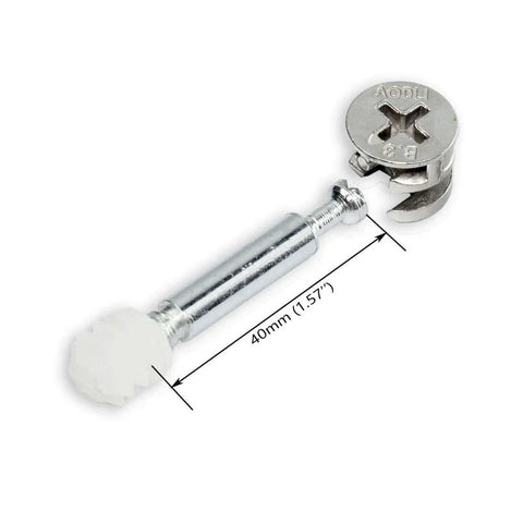 3 in 1 furniture connecting fittings kit with 30 cam fittings, dowels, pre-inserted nuts, shown with measurement details