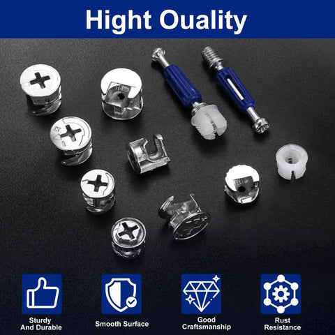 Close-up of Versatile 120Pcs Cam Lock Furniture Hardware Kit showing various cam locks, dowels, and fasteners on dark background.