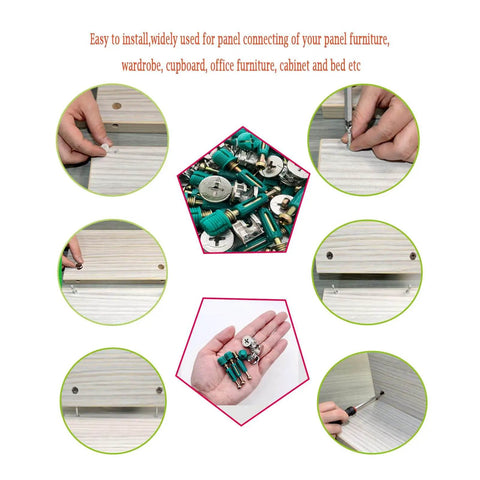Effortless furniture assembly with a 50 set 3 in 1 cam lock hardware kit, featuring dowels, pre inserted and cam lock nuts in use