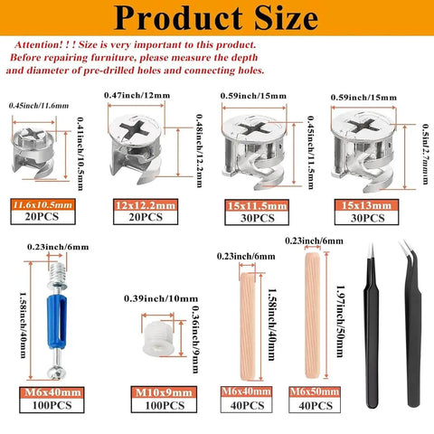 Cam Locks For Furniture Kit With 380 Pieces Including 300 Multi Size Cam Bolts And Nuts, 80 Wood Dowel Pins, 3 In 1 Eccentric Wheel Fasteners For Cabinets Wardrobes And Drawers, shown with detailed product size measurements.