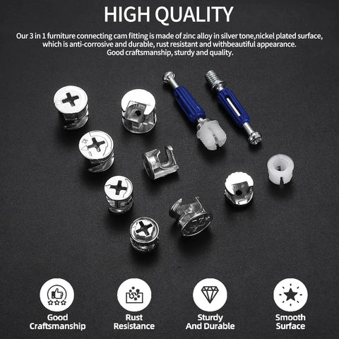 Cam Lock Nuts And Screws Set 110 Pcs Alloy Steel 3 In 1 Furniture Connecting Cam Locks For Drawer Cabinet displayed on black surface