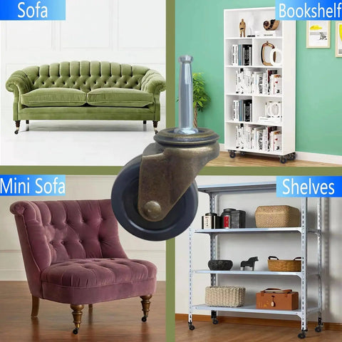 Antique Style Furniture Casters Set Of 4, 1-1/2 Inch Wheels, 5/16 Inch Axle showcased with couches, bookshelf, shelves.
