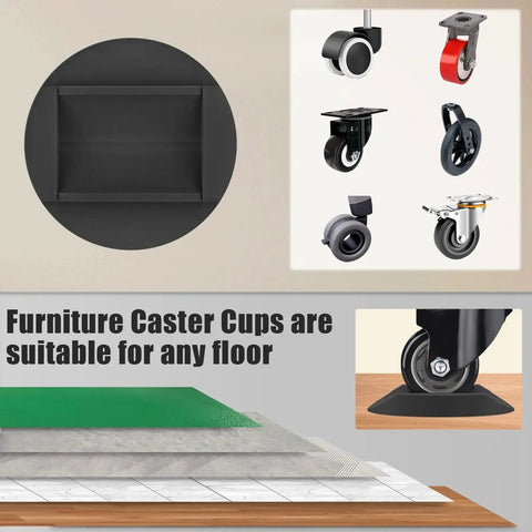 4 Pack 3x3 Inch Furniture Stopper Cups, Premium Solid Rubber Wheel Stoppers for Sofas, Beds and Chairs, different floor types shown