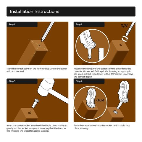 Installation instructions for 2 Inch Wood Furniture Caster Wheel With One Quarter Inch Stem, showing drilling and fitting steps.