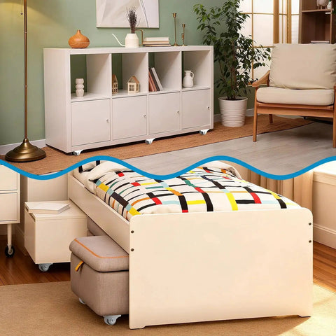 0.75 Inch Mini Rigid Caster Wheels installed on white cabinet and trundle bed, smooth gliding on hardwood floors in home setting.