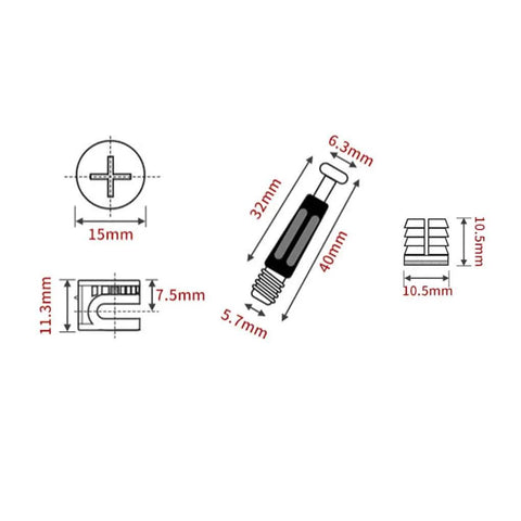 Diagram of 3 in 1 furniture connecting fittings kit with 30 cam fittings, dowels, pre-inserted nuts, measurements shown.