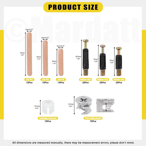 Product size dimensions of Three In One Furniture Connecting Kit With 270 Pieces Including Nickel Plated Cam Lock Nuts Dowel Pins