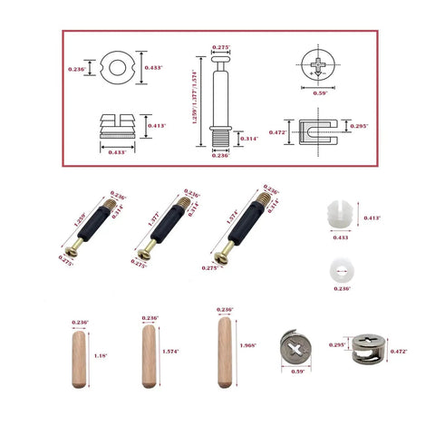 Effortless furniture assembly with a 300-piece 3-in-1 connecting hardware set including dimensions of cam locks, dowels, nuts