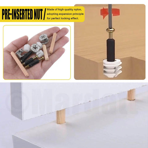 Three In One Furniture Connecting Kit With 270 Pieces Including Nickel Plated Cam Lock Nuts Dowel Pins In Three Sizes And PreInserted Nuts Bolts Fasteners For Cabinets Drawers And Wood Furniture Assembly shown with components and dowels.