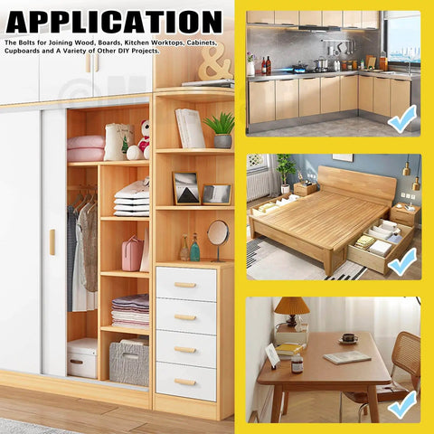 Three In One Furniture Connecting Kit With 270 Pieces Including Nickel Plated Cam Lock Nuts Dowel Pins In Three Sizes And PreInserted Nuts Bolts Fasteners For Cabinets Drawers And Wood Furniture Assembly shown used in kitchen, wardrobe, bed, and desk applications.