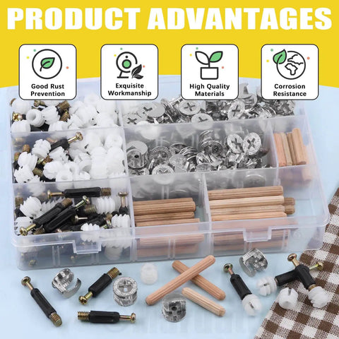Three In One Furniture Connecting Kit With 270 Pieces Including Nickel Plated Cam Lock Nuts Dowel Pins In Three Sizes And PreInserted Nuts Bolts Fasteners For Cabinets Drawers And Wood Furniture Assembly, product components organized in a storage box.