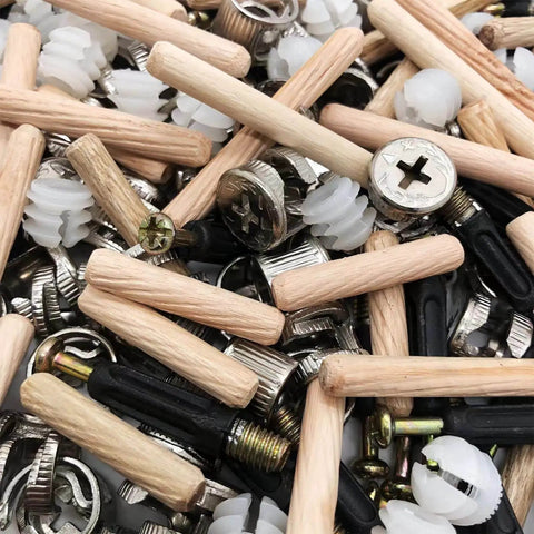 Effortless furniture assembly with a 300-piece 3-in-1 connecting hardware set including cam locks, wood dowels and pins.