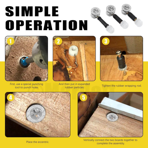 Installation steps for a Three In One Furniture Connecting Kit with 270 pieces including nickel plated cam lock nuts and dowel pins.