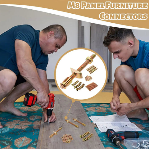 Two people assembling furniture using 24 Sets Bed Frame Connector Kit With 8x100mm Four In One Furniture Fastening Bolts Nuts And Half Moon Spacers For Panels Tables Chairs Headboards Countertops