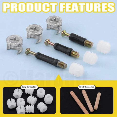 Three In One Furniture Connecting Kit With 270 Pieces Including Nickel Plated Cam Lock Nuts Dowel Pins In Three Sizes And PreInserted Nuts Bolts Fasteners For Cabinets Drawers And Wood Furniture Assembly product features display.