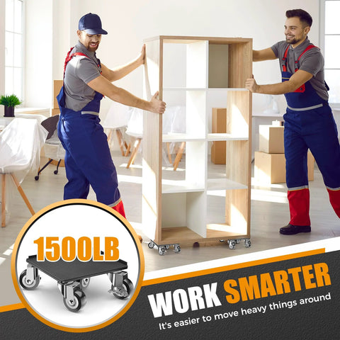 Two men using Heavy Duty 1500LBS Furniture Dolly & Movers with 5X 360° Wheels in office, carbon steel panel visible