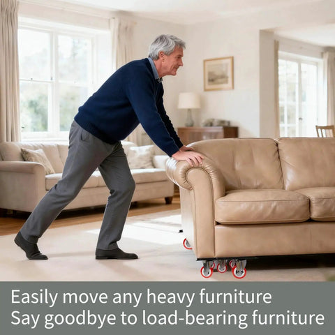 Person using 360 Degree Rotatable And Lockable Furniture Dolly With Five Wheels Rubber Silent Sliders under sofa in living room.