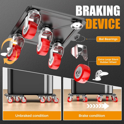 ✝️ Heavy Duty 1500LBS Furniture Dolly & Movers with 5X 360° Wheels - Carbon Steel Panel & Non-Slip Casters braking device diagram