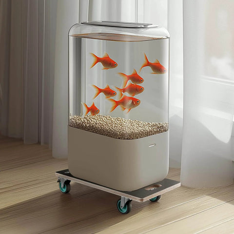 Fish tank on moving dolly with goldfish, placed on a wooden floor. Dolly features four TPR silent wheels for smooth motion.