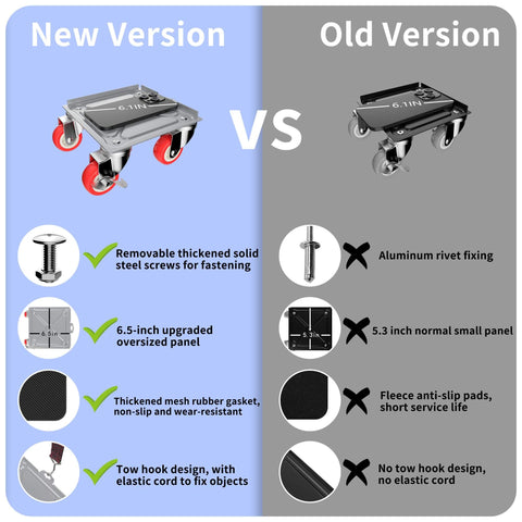 Comparison between new and old version of Furniture Movers Dolly Set with 5 Wheels, highlighting features and improvements.