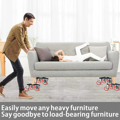 Man pushing a sofa on 360 Degree Rotatable And Lockable Furniture Dolly With Five Wheels Rubber Silent Sliders, 3300 Lbs Load Capacity