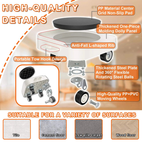 Diagram showing details of Furniture Dolly, Heavy-Duty Movers with non-slip pad, TPR wheels, and storage bag for 1200LBS, suitable for various surfaces.