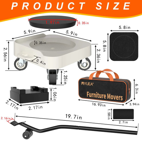 ✝️ Furniture Dolly,Heavy-Duty Furniture Movers with Removable Center Pad,Non-Slip L-Edge & TPR Wheels,Moving for Round/Flat Leg Furniture shown with dimensions