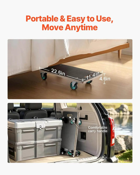 Furniture Dolly, 551 lbs Load Capacity, Furniture Moving Dollies with 4 TPR Silent Wheels shown in use under bed and in car trunk