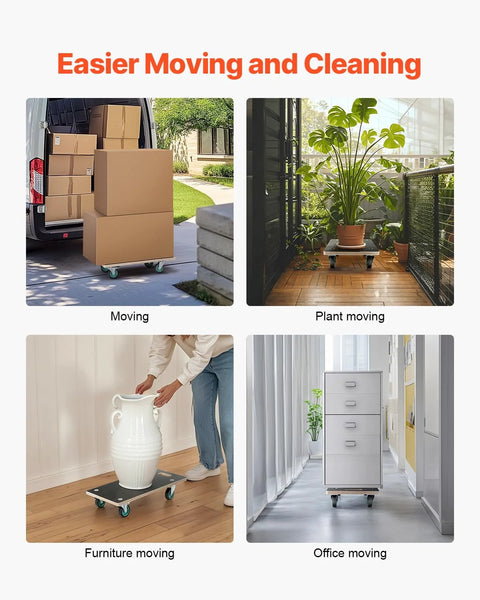 Furniture dolly used for moving boxes, plant, furniture, and office equipment, showcasing versatility and ease of use.