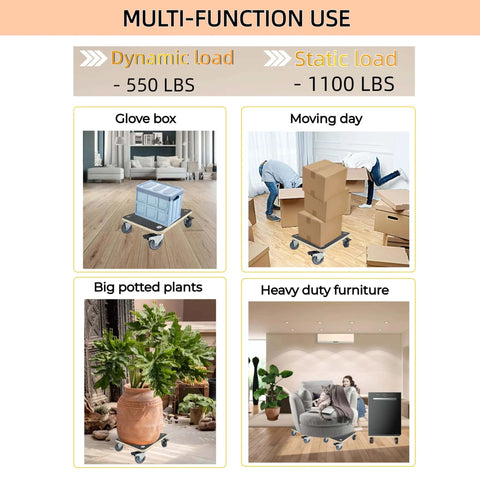 Different uses of heavy duty wood furniture moving dolly set of 2 with phenolic resin plywood platform, showing dynamic and static loads.