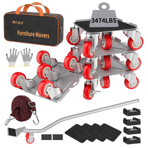 Furniture Movers Dolly Set with 5 Wheels, Heavy Duty Carbon Steel Panels, 3474 LBS Capacity, Pry Bar, Anti-Slip Mats, Tote Bag & Gloves