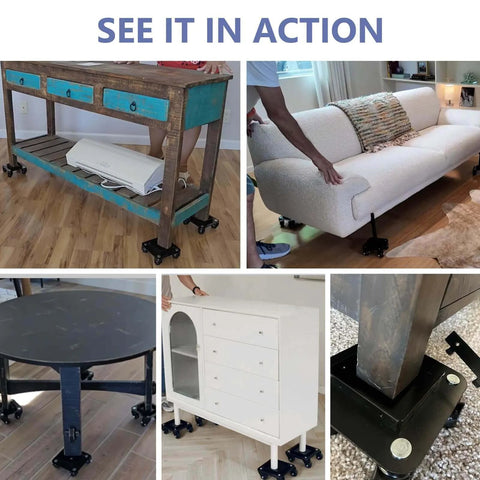 1500LBS Furniture Movers with Wheels, Heavy Duty Furniture Dolly Set of 4 in action under assorted furniture including sofa and table.