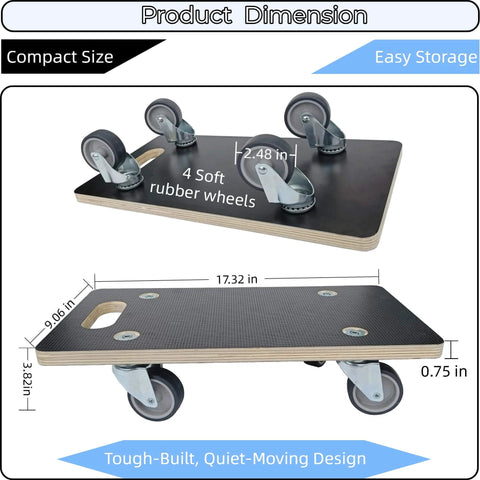 Heavy duty wood furniture moving dolly set of 2 with 17.32 x 9.06 inch phenolic resin platform, 882 lb dynamic capacity, 4 rubber wheels.
