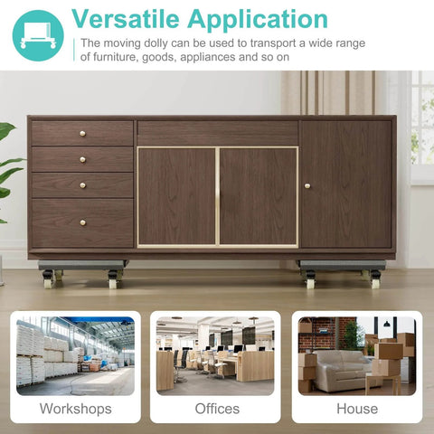 Sideboard on heavy duty adjustable furniture moving dolly set of 2 with 4 swivel caster wheels showcasing usage in various settings.