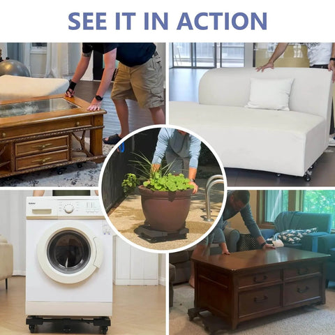 Furniture Dolly with 6 Swivel Casters, Expandable Moving Dolly in action under couch, table, washer, planter for smooth motion