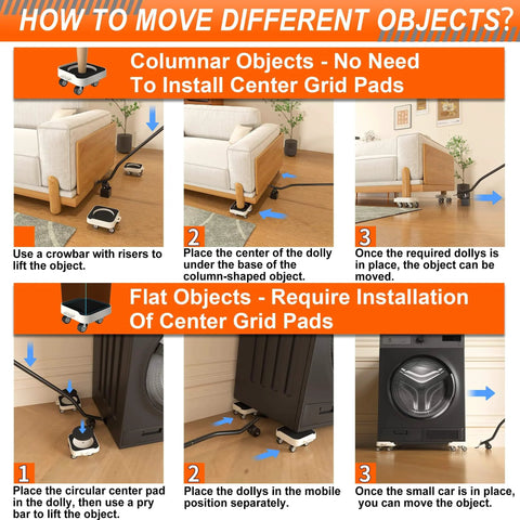 Instructions on using Furniture Dolly, Heavy-Duty Furniture Movers with Removable Center Pad for columnar and flat objects with images.