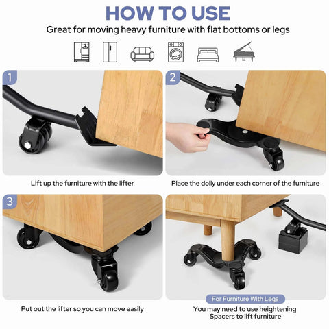 Steps to use Furniture Dolly, 1150LBS Furniture Lifter Tool Set for moving sofa or piano, featuring installation of 3-wheel dollies.