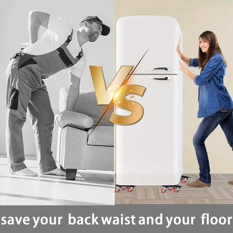 Comparison of a person manually moving furniture and using the Furniture Dolly Movers with 5 Wheels, Furniture Sliders Lifters Tool Set for Moving Heavy Duty.