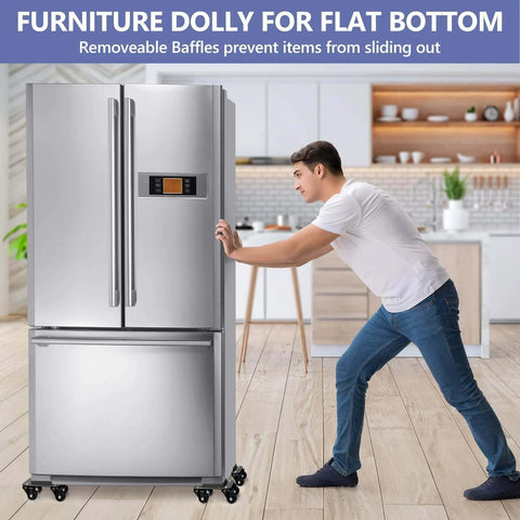 Person using 1500LBS Furniture Movers with Wheels to move refrigerator in kitchen, visible furniture dolly set of 4 and baffles