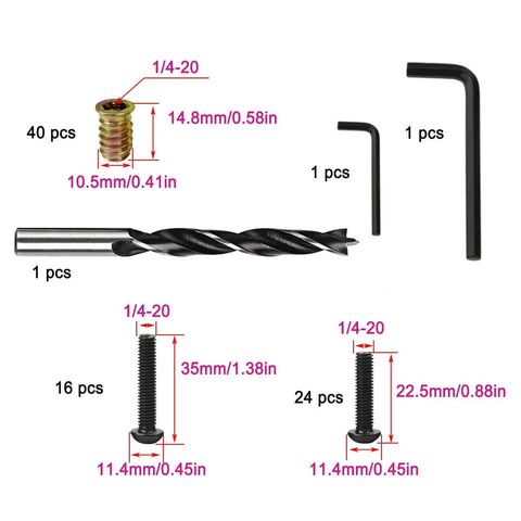 Furniture Fastener Set With Wood Inserts And Quarter Inch 20 Bolts Includes Drill Bit And Wrenches layout diagram