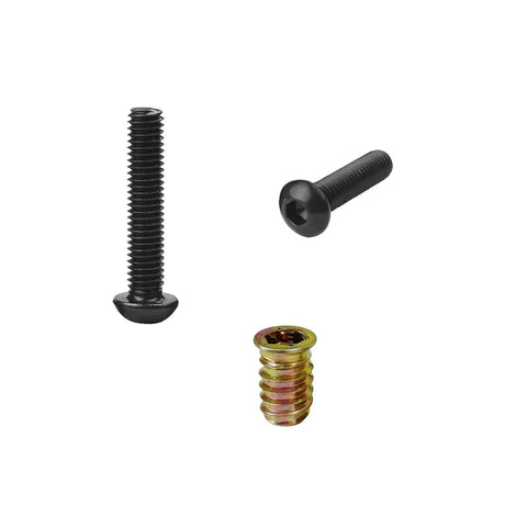Furniture Fastener Set With Wood Inserts And Quarter Inch 20 Bolts Includes Drill Bit And Wrenches, showing bolts and insert.