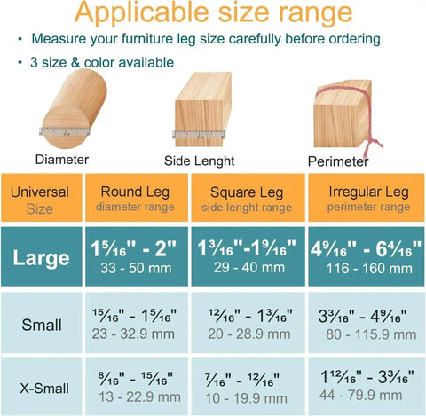 Size chart for furniture leg protectors showing diameter, side length, and perimeter for round, square, and irregular leg shapes.