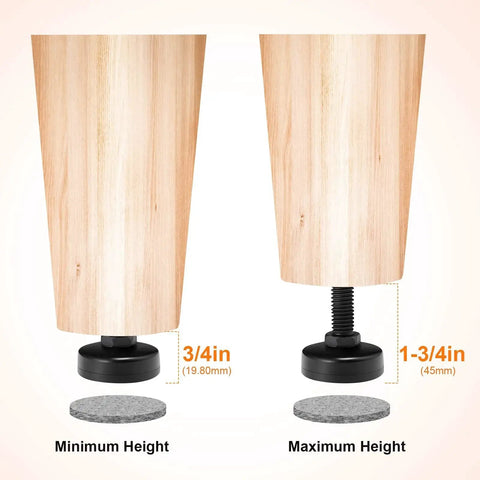 Beefy And Adjustable Furniture Levelers Three Eighths Inch UNC Thread Feet showing minimum and maximum height options for tables and chairs.