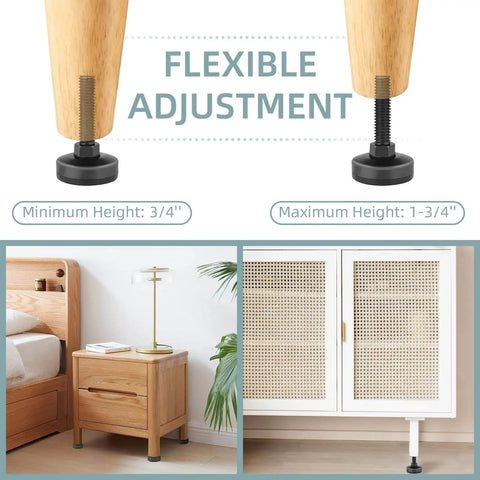 Four-pack adjustable furniture levelers with 3/8-16 threads lift and level tables, chairs, desks and cabinets, supporting up to 1320 lbs total while protecting floors and simplifying stable, balanced setups shown on bed and cabinet.