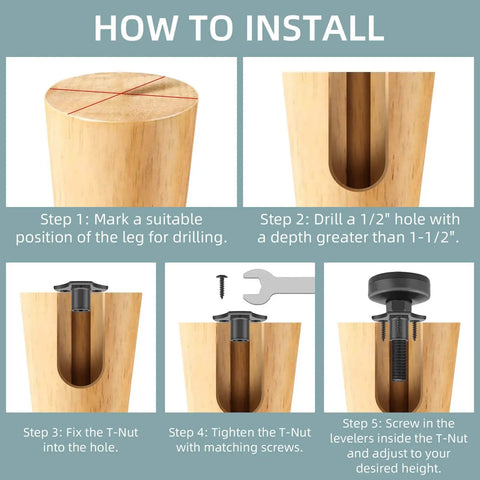 Installation steps for four-pack adjustable furniture levelers with 3/8-16 threads lift and level tables, chairs, and desks.