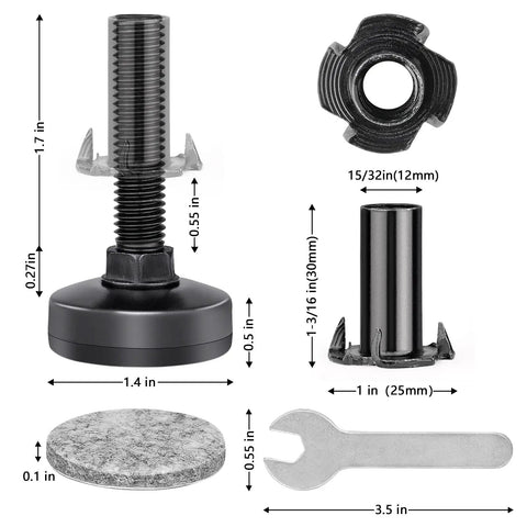 Heavy Duty M10 Furniture Levelers With T Nut Kit, Adjustable Leveling Feet components with dimensions and wrench, 8 Pack Kit