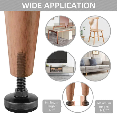 Heavy Duty Leg Levelers Set Of 12 3/8-16 Thread Adjustable Feet shown on wooden furniture leg for tables, chairs, cabinets, and sofas