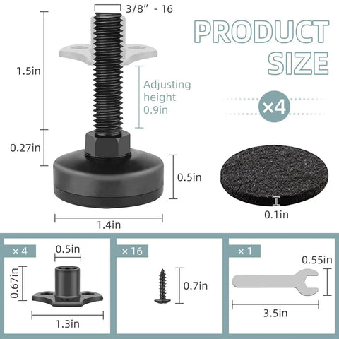 Four-pack adjustable furniture levelers with 3/8-16 threads lift and level tables, chairs, desks and cabinets, components shown.