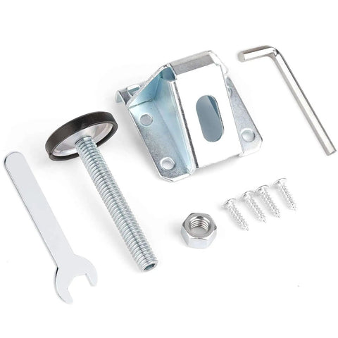 Heavy Duty 8 Pack Furniture Leveling Feet With Lock Nuts For Tables Cabinets Workbenches Shelving Units And More Adjustable 3/8-16 Thread Levelers In Plated Steel For Stable Level Surfaces shown with tools and parts